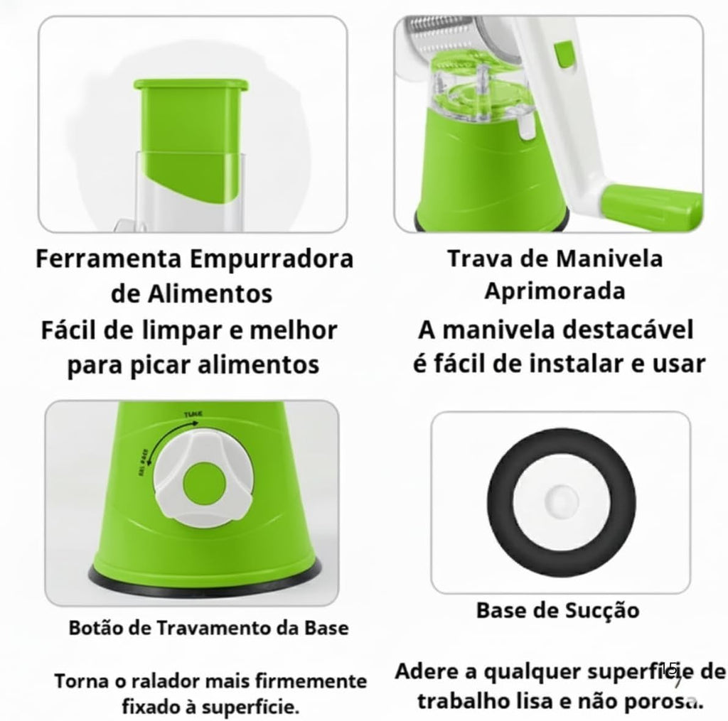 Ralador Manual Rotativo 3 em 1 com Base de Sucção – Fatiador, Triturador e Fatiador de Legumes, Verduras e Queijos (Verde)