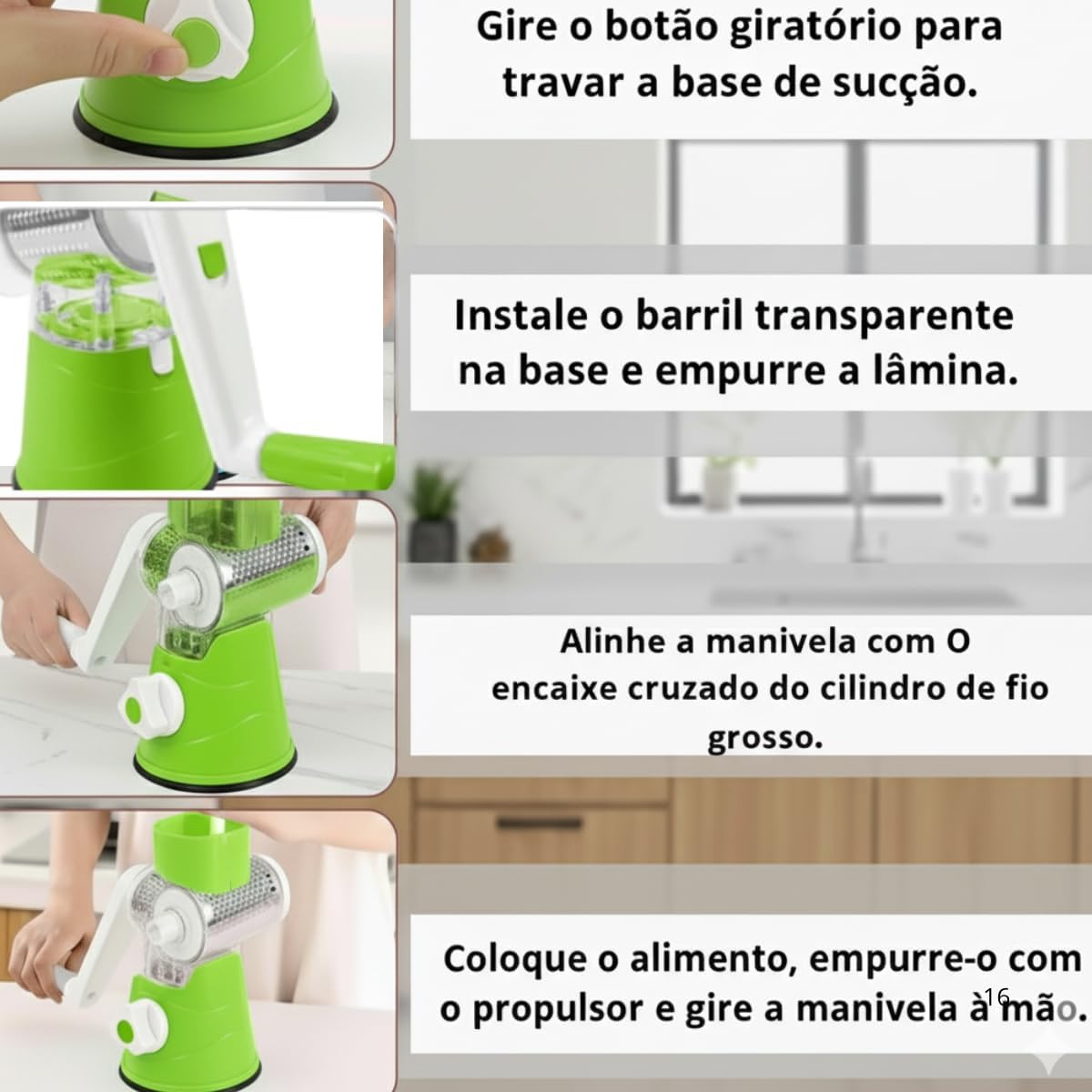 Ralador Manual Rotativo 3 em 1 com Base de Sucção – Fatiador, Triturador e Fatiador de Legumes, Verduras e Queijos (Verde)