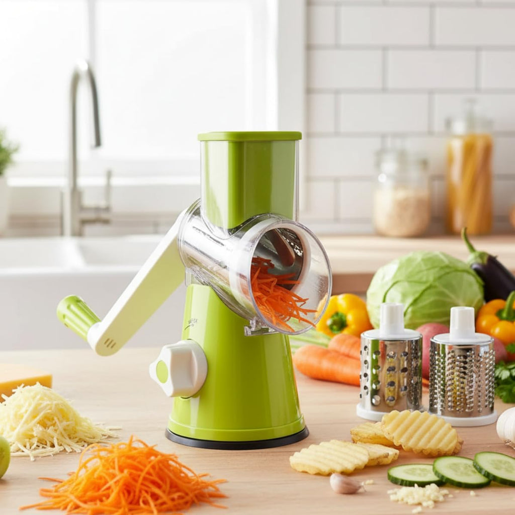 Ralador Manual Rotativo 3 em 1 com Base de Sucção – Fatiador, Triturador e Fatiador de Legumes, Verduras e Queijos (Verde)