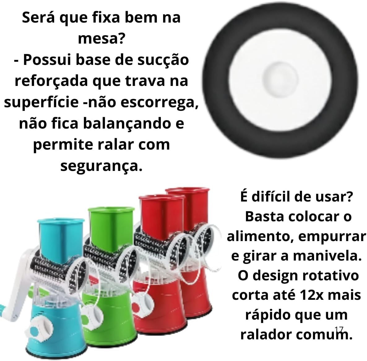 Ralador Manual Rotativo 3 em 1 com Base de Sucção – Fatiador, Triturador e Fatiador de Legumes, Verduras e Queijos (Verde)